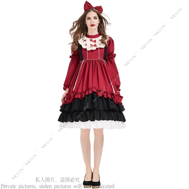 عنابي لوليتا فستان الساحرة فستان الأميرة هالوين الساحرة تأثيري حلي حفلة الهالوين فساتين حمراء + التنانير + القبعات + جوارب مجموعة