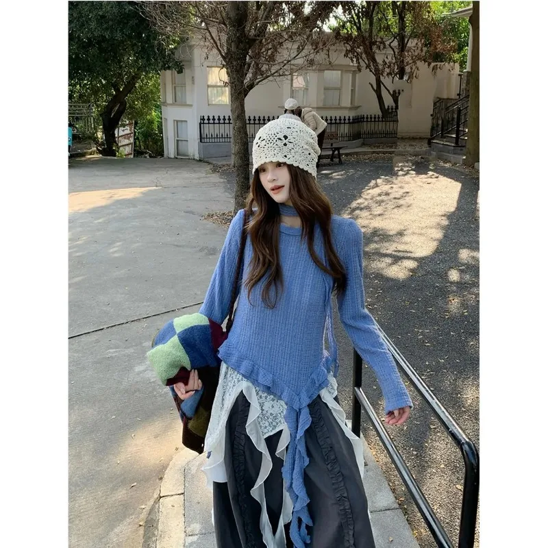 

Women's Vintage Layered Outfit Irregular Knit Top Lace Overlay Two Piece Set Fall Fashion Casual Outfit In Blue