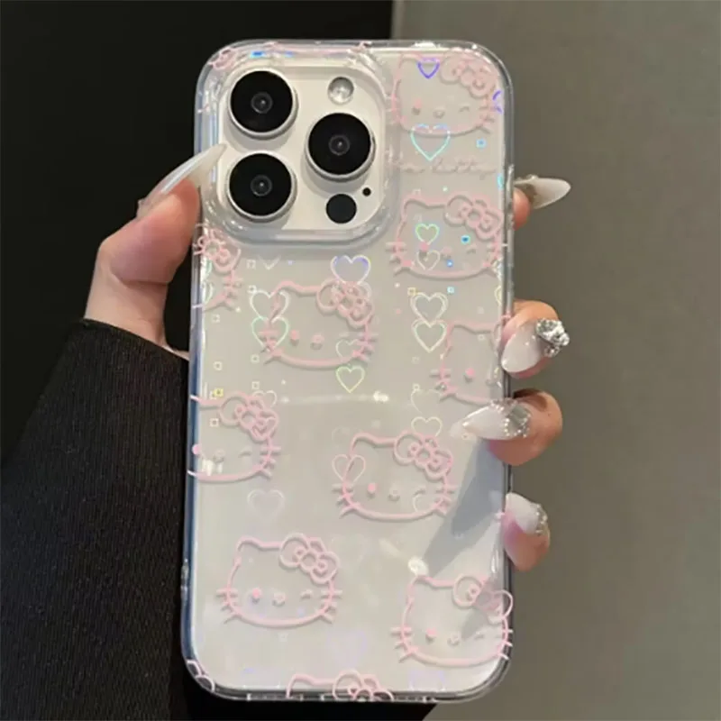 Sanrio Hello Kitty Bow Kawaii Holder Phone Case For iPhone 16 15 14 12 13 11 Pro Max XR XS MAX 7 8 PLUS MINI Y2K Bow Laser Cover