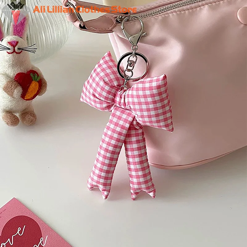 Trendy Checkered Bowknot Pearl Keychain Pendant Sweet Bow Keyring For Women Girls Fashion Backpack Hanging Decoration Gifts