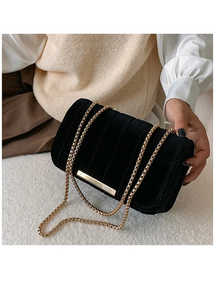 Gold Velvet Fabric Embroidered Small Square Bag With Single Shoulder Chain Bag Women\'s Crossbody Bag Embroidered Thread Women\'s