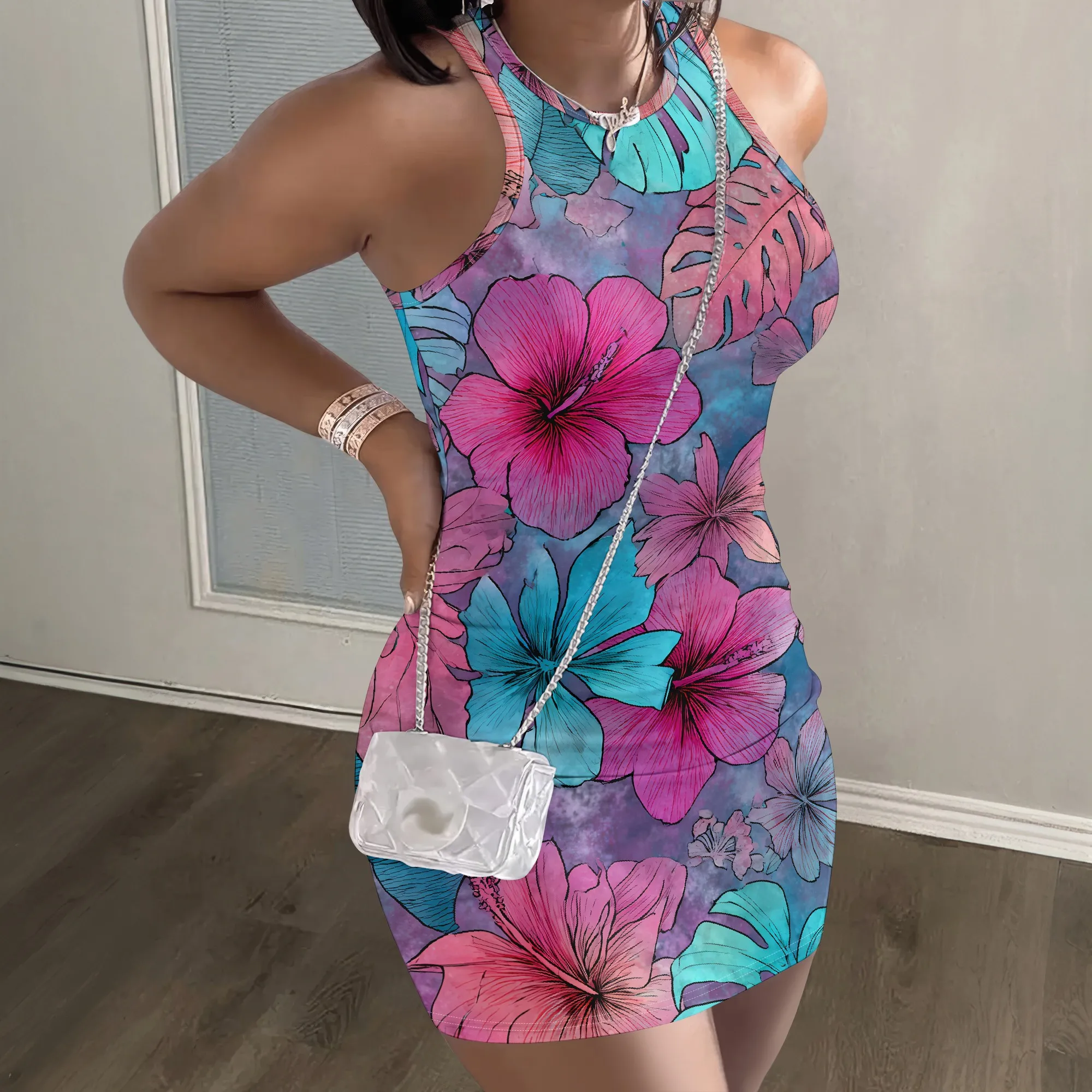 Tropical Floral Print Dress, Pink Hibiscus Pattern, Blue Leaf Design, Summer Beach Mini Dress for Women, S-2XL