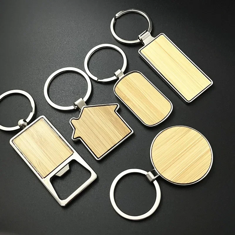 Wood House Beer Bottle Opener Keychains Bamboo Keyrings Bags Accessory Decoration Custom Logo Souvenirs Key Chain Pendant Gift