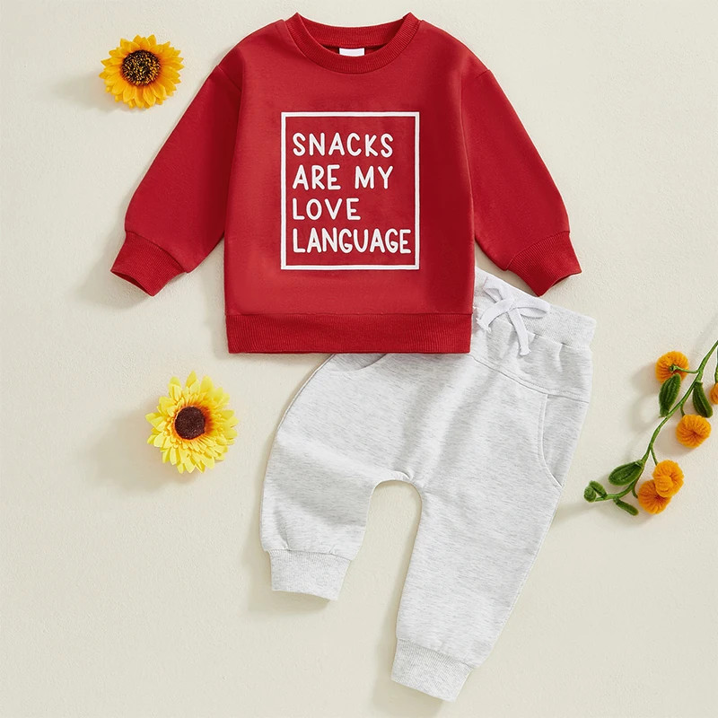 Baby Boy Fall Clothes Valentines Day Outfits Snacks Are My Love Language Sweatshirt Top Joggers Pants Set 0-2T 3T