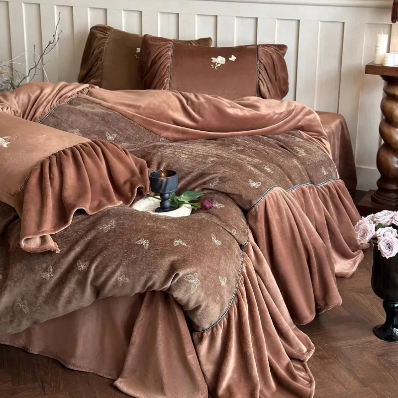 French niche romantic retro winter milk fleece four-piece set thickened warm fleece quilt cover bedding