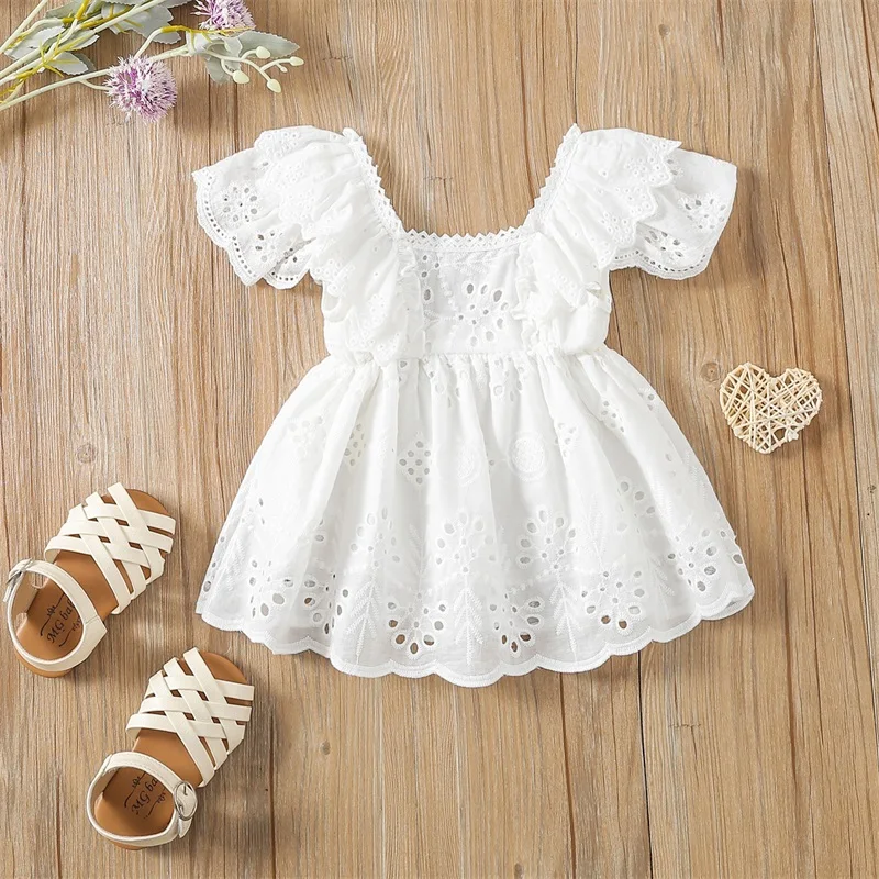 Blotona Newborn Baby Girl Short Sleeve Dress, Solid Color Hollow Out Ruffles Decor Sweet Dress, Casual Simple Clothes 0-18M