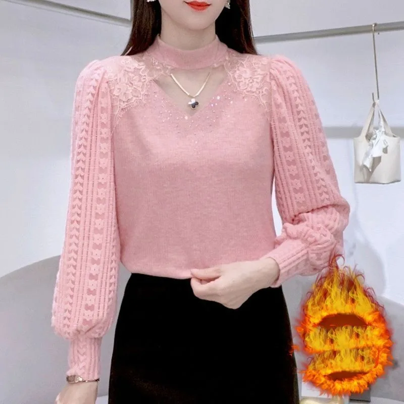 Women\'s Solid Color Half High Collar Diamonds Patchwork Thick Flattering Lace Bottom Autumn Winter New Fashion Long Sleeve Tops