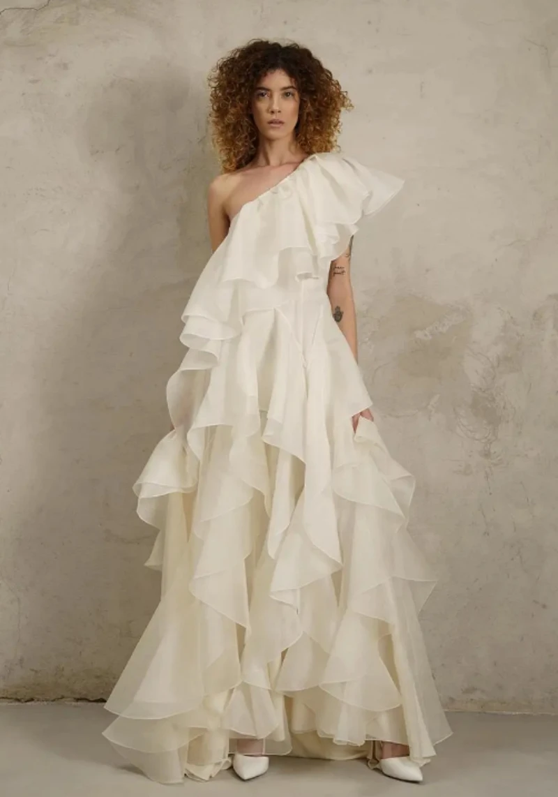 

Unique A-Line Gown Prom Dresses Ruffles Organza One-Shoulder Celebrity Party Evening Dresses Plus Size Color Customized