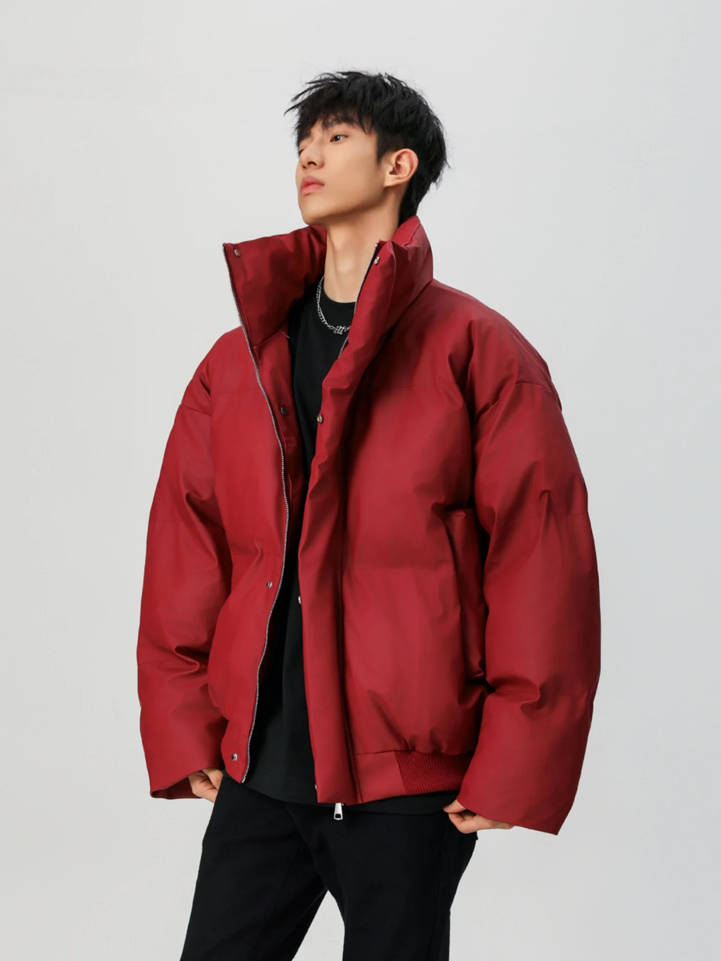 

Winter Thiened Fce Lined Hard Leather Stand Collar Loose Fit Cotton Jaet Men's Cleanfit American Sle ort Pure Colo...