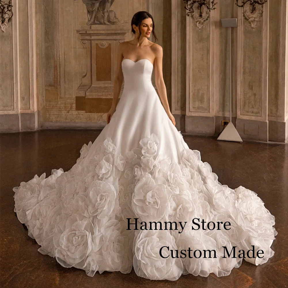 

Luxury Wedding Dress with Handmade Flowers Sweetheart Sleeveless Chapel Train Royal Bridal Gown Saudi Arabian Bride Dresses