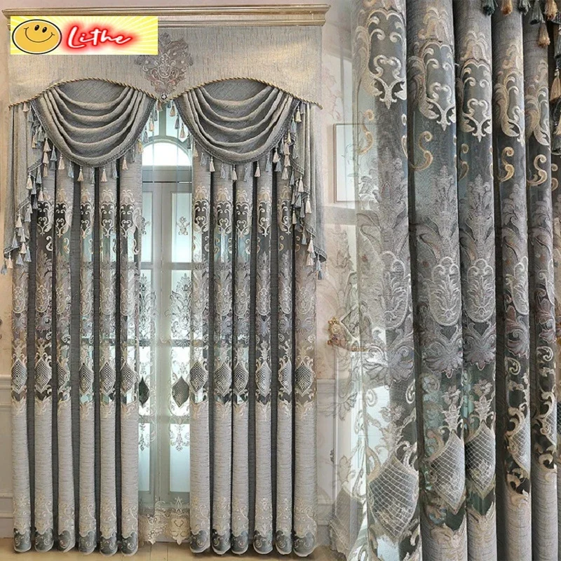 Luxury Custom European Finished Curtains for Living Dining Room Bedroom Gold Luxury Villa Water-soluble Embroidery Curtain