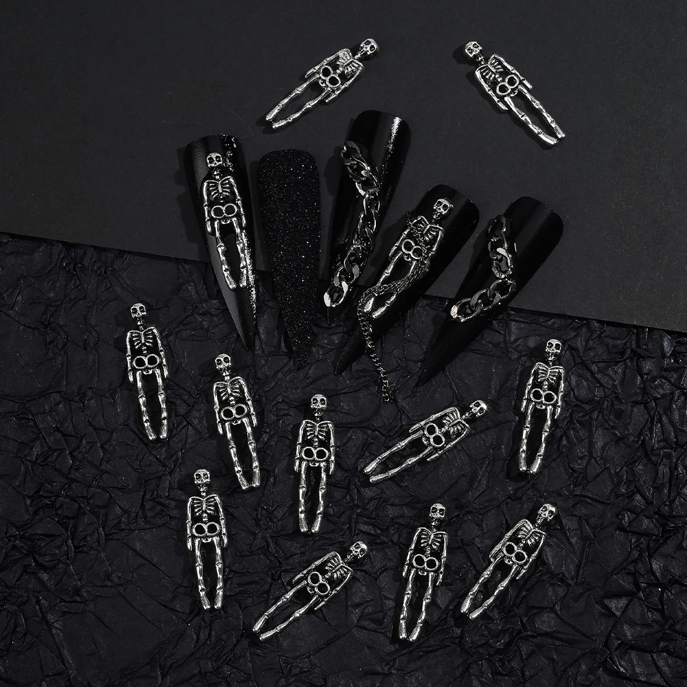 10 個 3D レトロスケルトンマンネイルチャームパンクハロウィン銀色合金スケルトンネイルアートの装飾 DIY 工芸品マニキュア供給