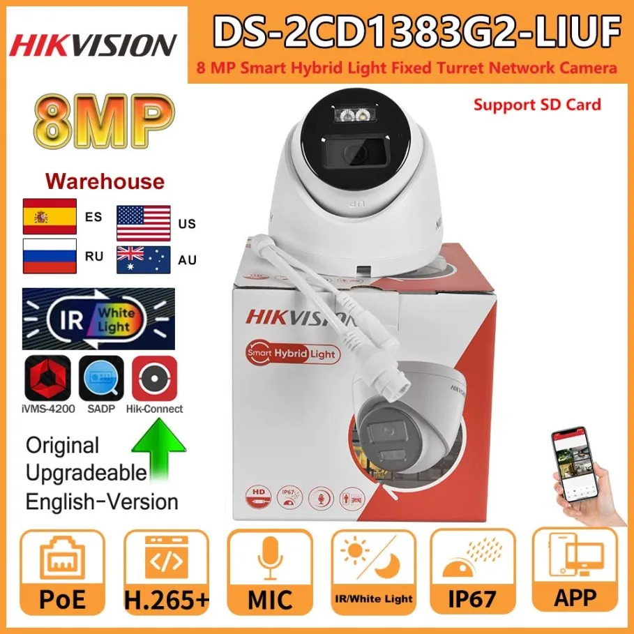 Hikvision 8MP IP Camera DS-2CD1383G2-LIUF Built-in Mic Dual-Light 4K Smart Hybrid Light With SD Card Slot Turret Network Camera