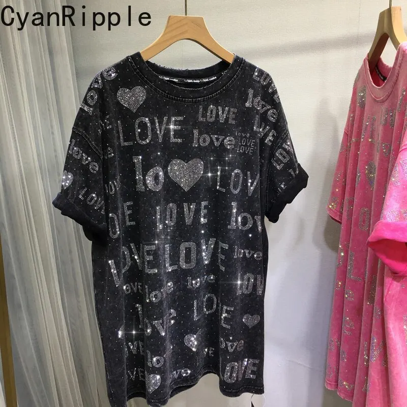 Shiny Love Letters Hot Diamonds Women T-shirt Spring Summer Oversize Round Neck Pullover Top Mid-long Casual Short Sleeve Tees
