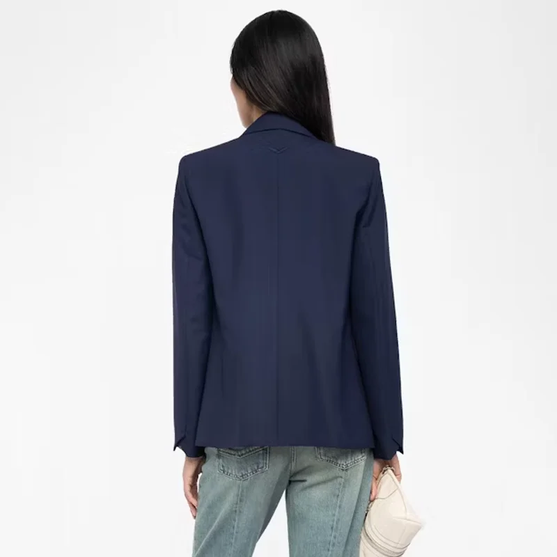 الأزرق الداكن الدعاوى النساء عارضة الصلبة الحلل السيدات التلبيب معطف طويل الأكمام جيب قمم الإناث السترة زر جيب معاطف