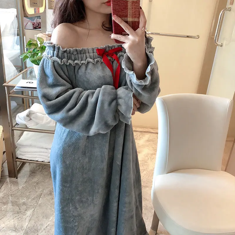 Fleece Women Nightgown Korean Ruffles Sleepwear Winter Night Dress Knee Length One Piece Pajamas Slash Neck Warm Home Wear New