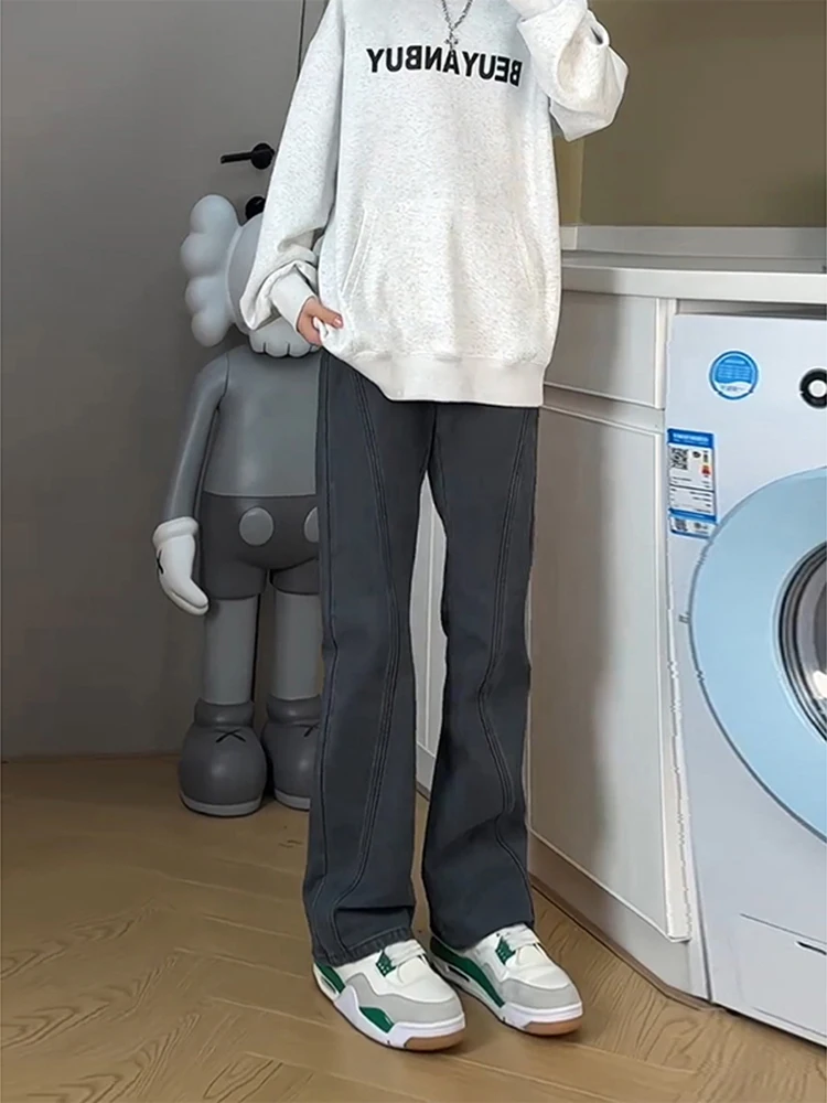 

ey Spliced Denim Jeans Men's Autumn Winter Vintage American Straight Leg Slimming Knife Flared Pants Youth Trend