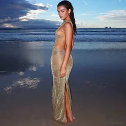 Gtpdpllt See Through Open Back Split Long Dresses Summer 2024 Woman Knitted Beach Dress Elegant Sexy Vacation Y2K Outfits