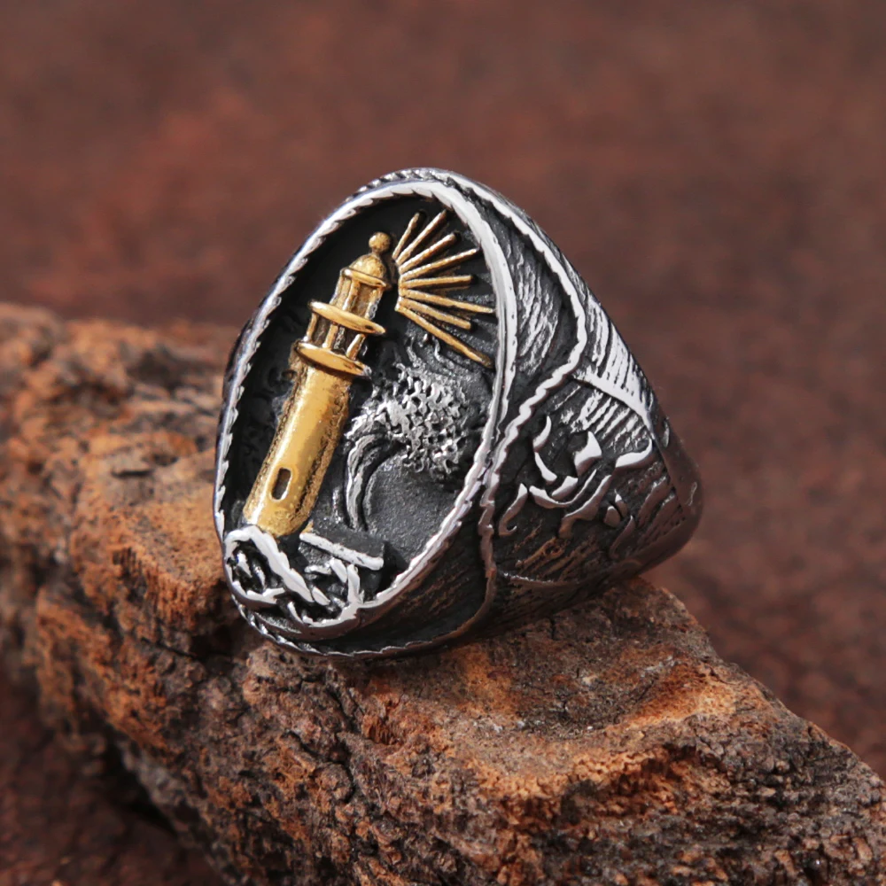 Vintage Voyager Lighthouse Ring For Men Nordic Stainless Steel Viking Ring Nautical Sailor Amulet Stamp Jewelry Size 7-15