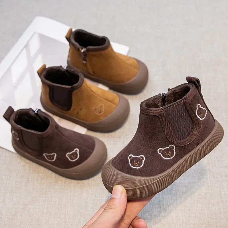 Children Winter Shoes Baby Boys Girls Snow Boots Cartoon Bear Kids Warm Plush Boots Soft-soled Non-slip Infant Toddler Shoes