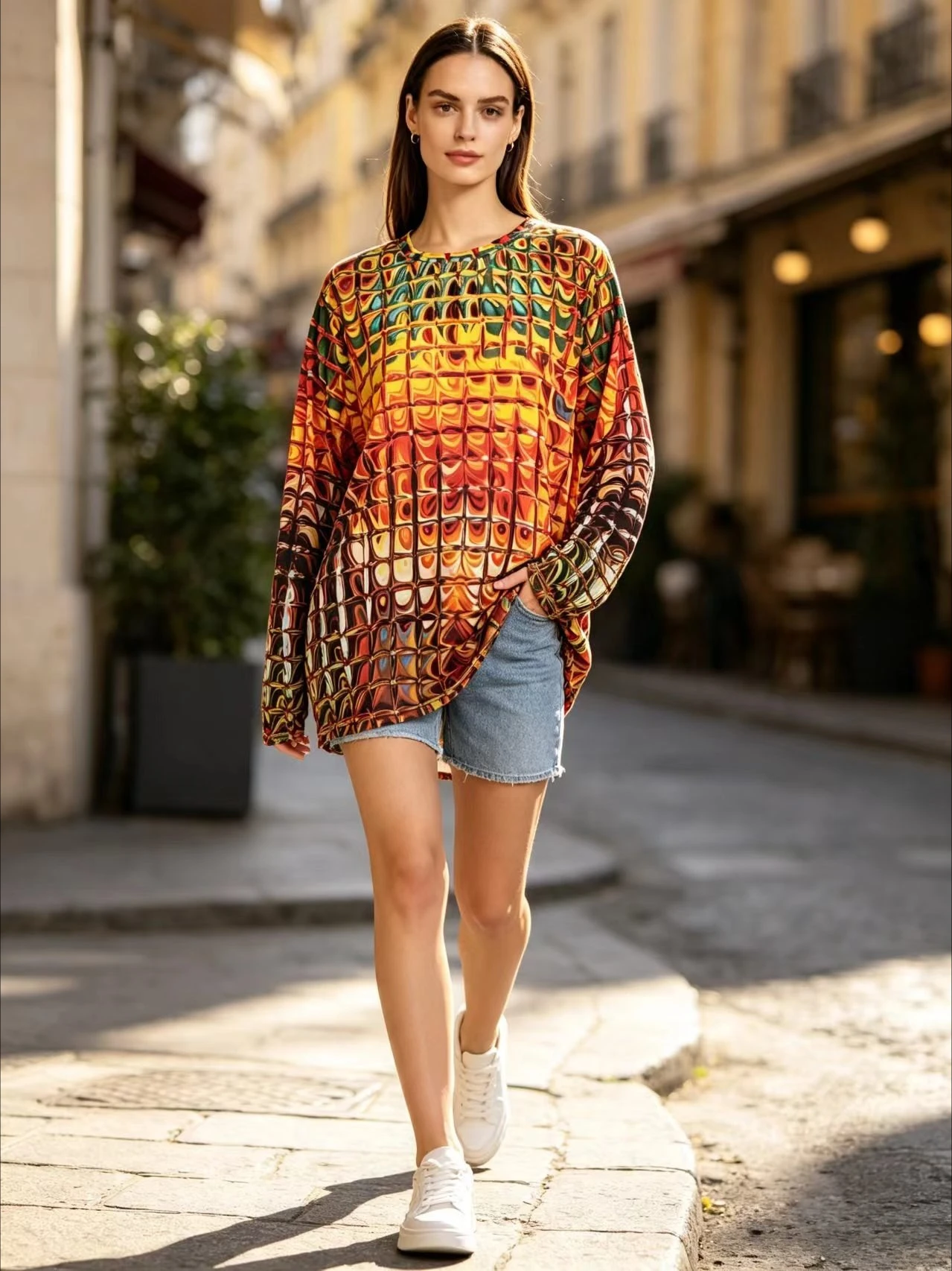 Plus Size Women Colorful Marble Grid Printed Long Sleeve Top Crewneck Loose Oversized T Shirt Casual Autumn Streetwear Tees