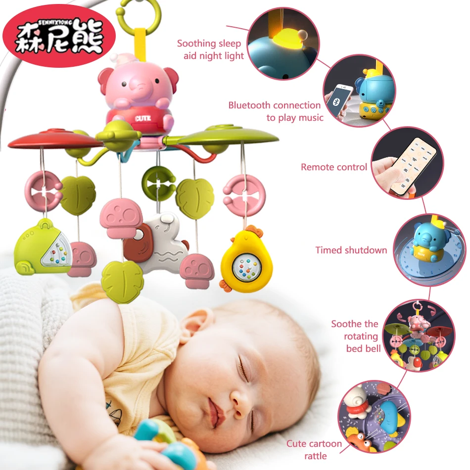 SENNIXIONG Electric Musical Rotation Elephant Soothing Bed Bell Mobile Night Light Infant Rattle Montessori Sensory Toddler Toy