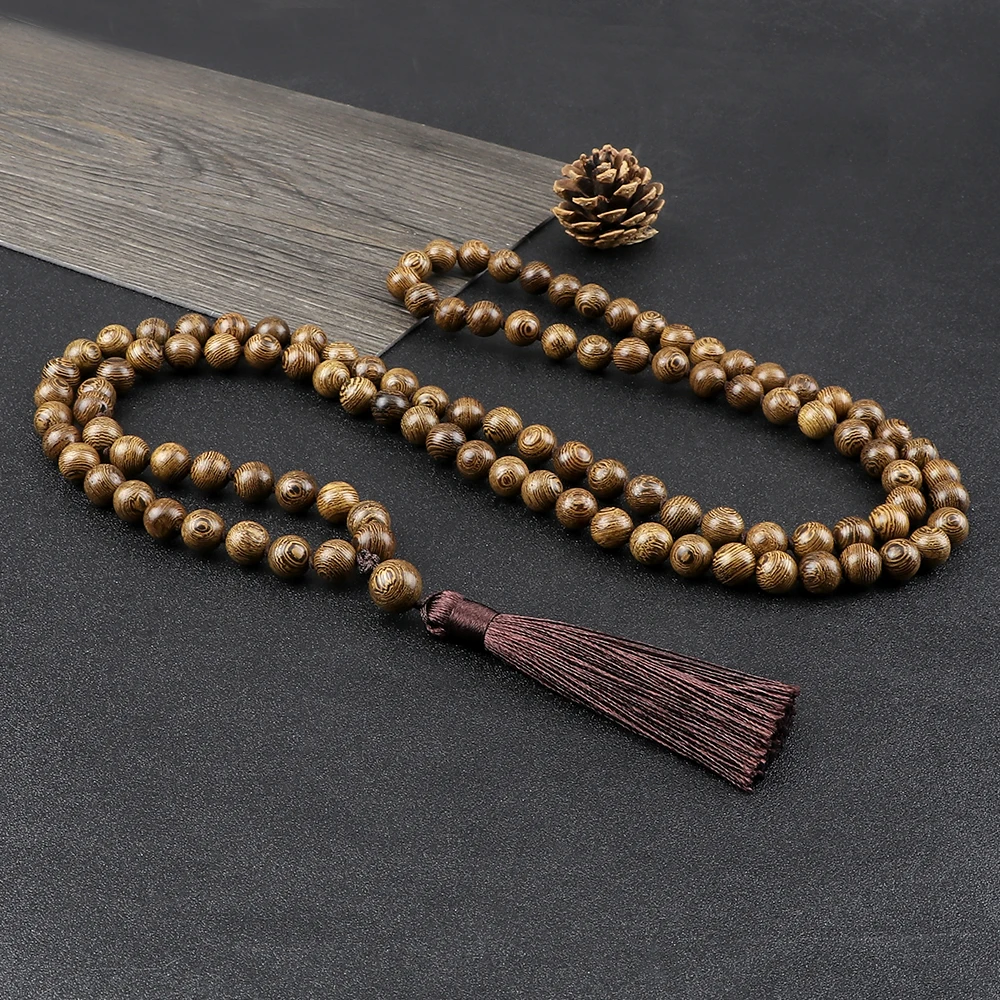6 8 10mm Original Wooden Beaded Necklace 108 Mala Rosary Yoga Necklaces for Women Men Vintage Meditation Blessing Tassel Jewelry