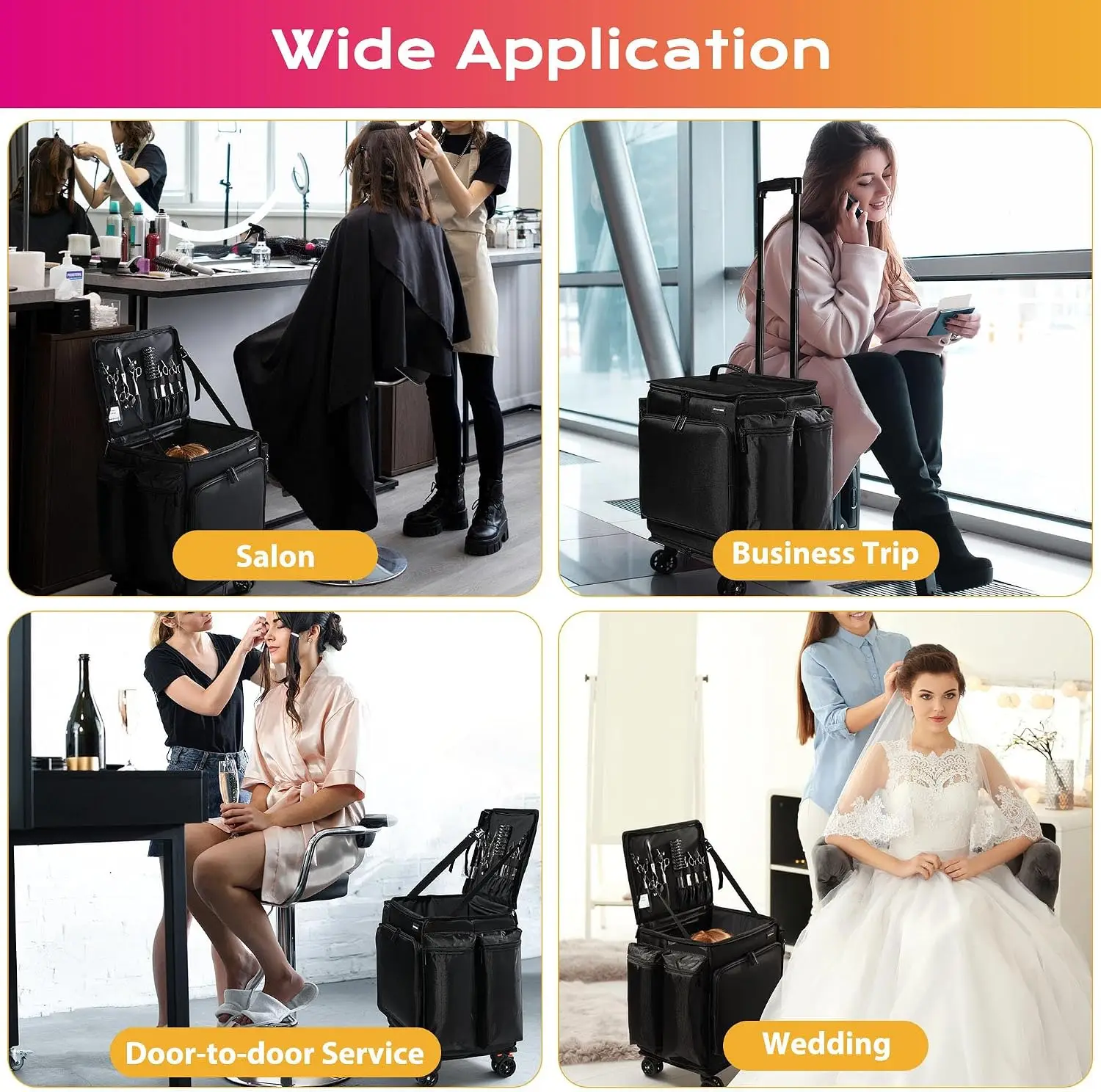 Soft Sided Rolling Makeup Train Case Travel Backpack For Hair Stylist Tools Curling Iron Straightener Salon Barber Shop, Black view 6