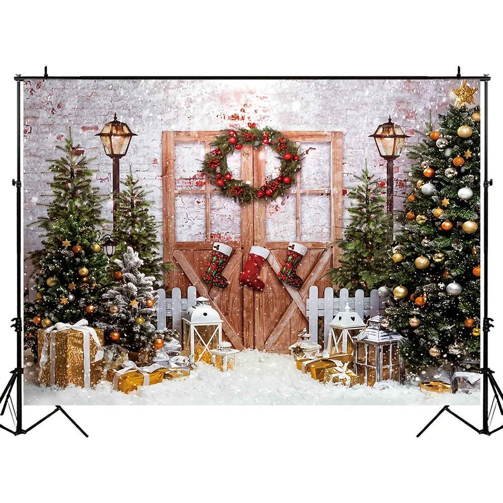 Christmas tree background photography cloth, antique wooden door gifts New Year holiday party photo studio props