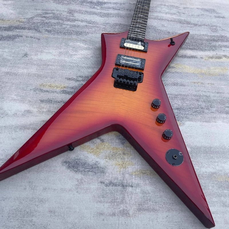 Sunburst Flame Maple Star V Electric Guitar Dual Humbuckers Double Lock Tremolo Solid Body Metal Performance Free Shipping