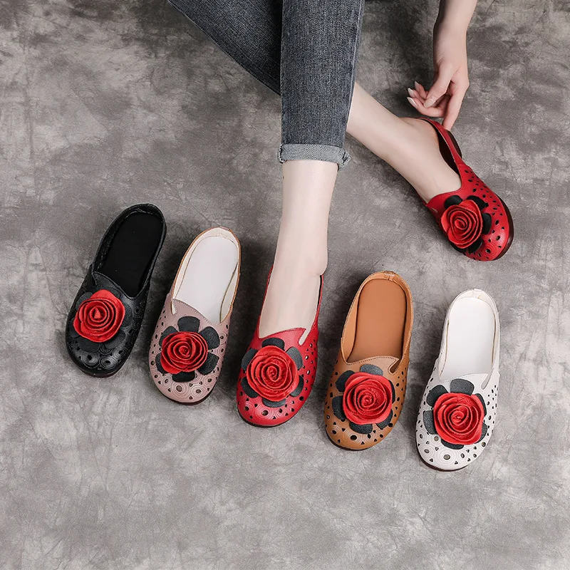 Summer New Ethnic Style Genuine Leather Women's Slippers Hollow Breathable Soft-soled Comfort Lady's Flat Sandals and Slippers