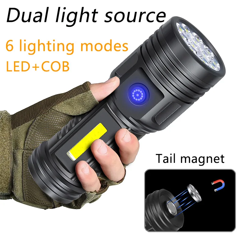 LED COB Dual Light Source Flashlight Type-c Rechargeable Tail Magnetic Work Light High-power Outdoor Waterproof Camping Torch