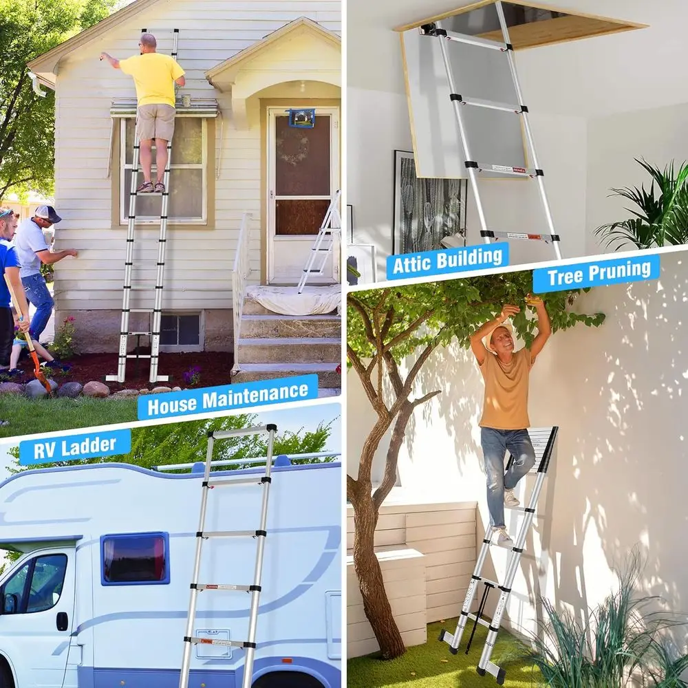 Collapsible 15.5FT Aluminum Ladder with One-Touch Retraction, 330lbs Capacity, for Home, RV, and Attic Use