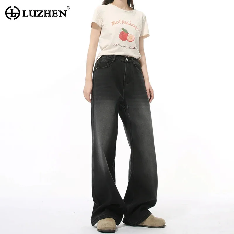 LUZHEN 2024 Autumn New Straight Tube Thick Velvet Jeans Niche Men's Sexless Wornout Stylish Casual Wide Leg Denim Pants LZ8001