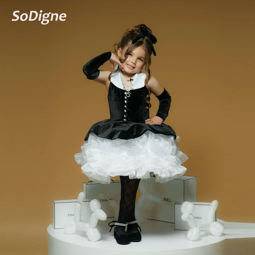

SoDigne A-line Velvet Short Flower Girl Dress Detachable Sleeves 2026 Girls Skirt Party Dresses Kid Princess Gown Customized