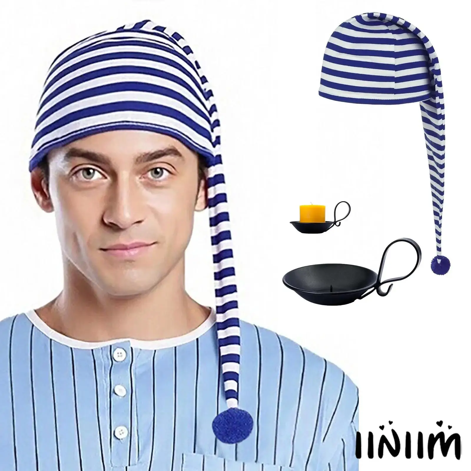 رجل 1 قطعة هالوين كرنفال شريط القطن غطاء النوم وأشار Pompom كاب و 1 قطعة ماتي الأسود الحديد شمعة حامل مع مقبض مجموعة