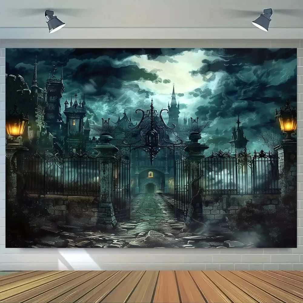 Decorative Art Gothic Castle Gate Wall Hanging - Horror Night Scene Tapestry, Polyester Halloween Party Home Decoration