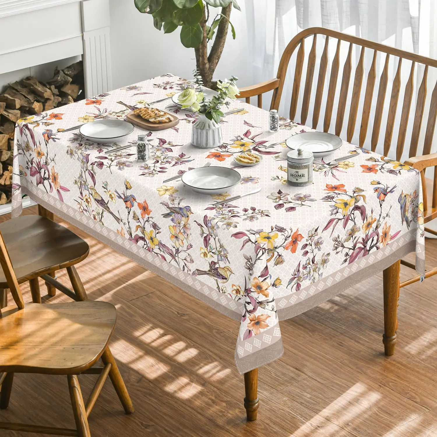 Pink Flowers Birds Leaves Rectangle Tablecloth Table Decor Durable Tablecloth for Table Holiday Picnic Dining Party Decorations