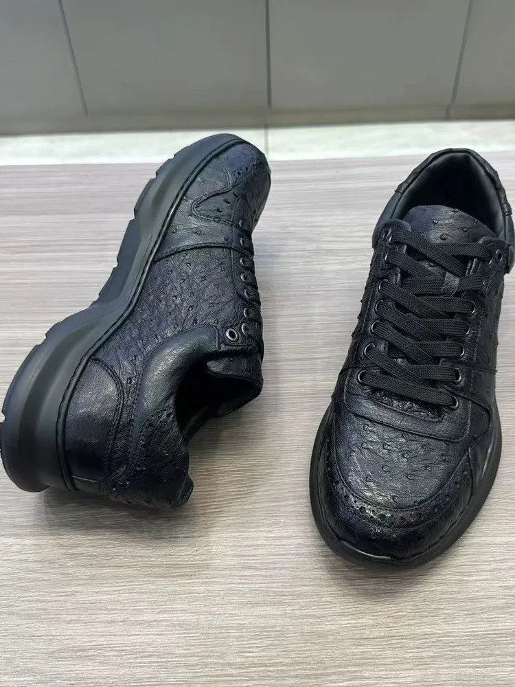 Concise Style Round Toe Platform Ostrich Leather Lace-Up Casual Shoes Genuine Leather Platform Solid Color Low-Heel Men Footwear