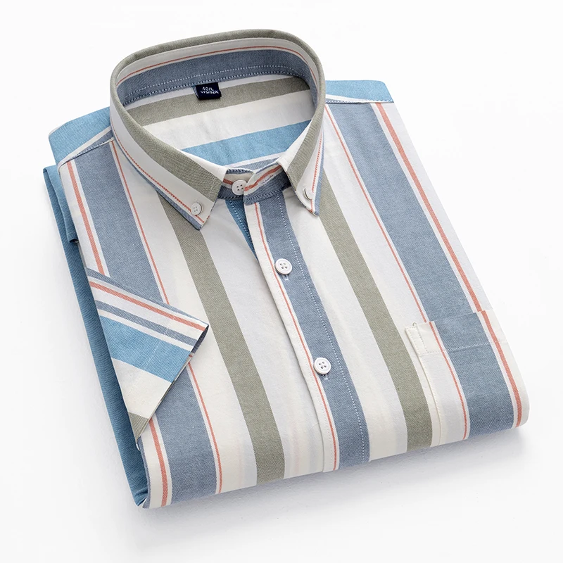 

Pure Cotton Fashion Oxford Short Sleeve Shirts Casual Coarse Stripes Shirt Soft Korean Design Colorful Tops