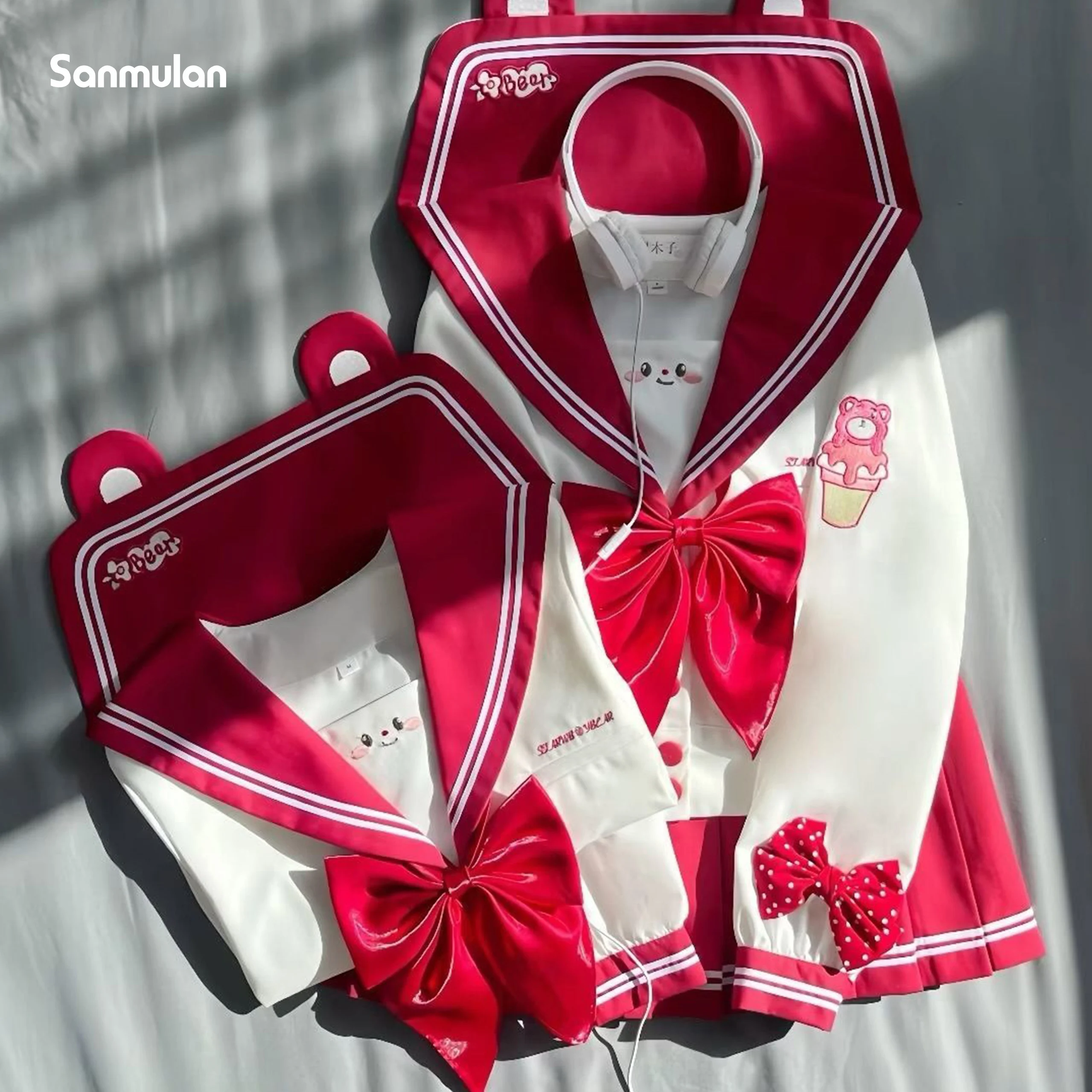 Rode beer patroon JK afslankuniform Japanse stijl taille-cincerend matrozenpakje College lange set met korte mouwen Authentiek schattig