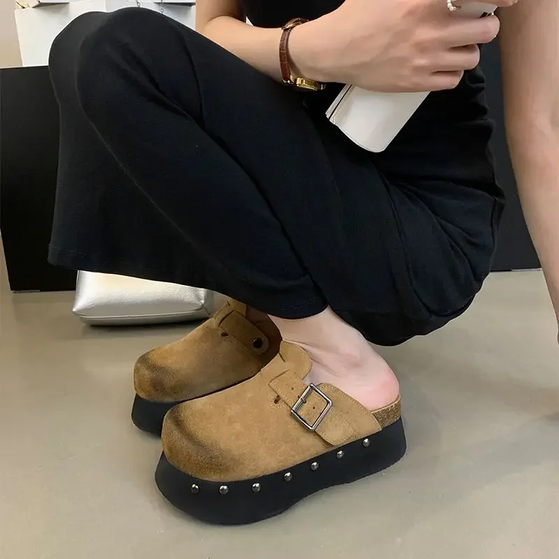 

Krasovki 6.5cm Cow Suede Genuine Leather Flats Pumps Platform Wedge Summer Round Toe Women Fashion Sandals Slippers Ladies Shoes