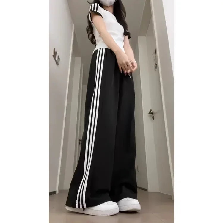

PopPopGray White Striped Sporty Wide Leg Pants Women's Design Spring Autumn Loose Casual Straight Cut Trousers Fashionable
