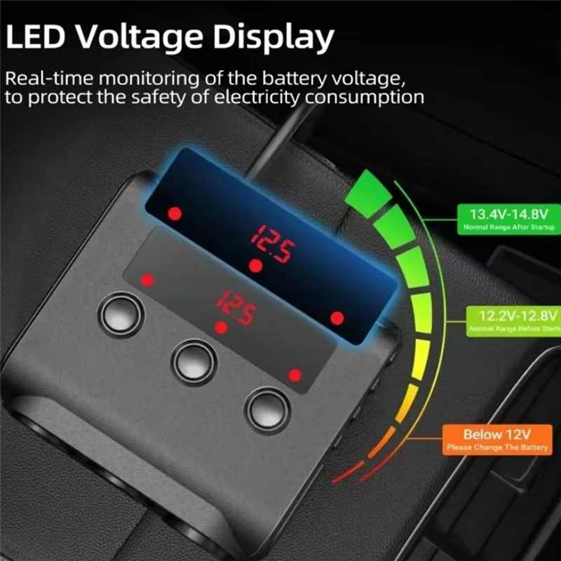 

180W Car Cigarette Lighter Multi Triple Splitter With Switch Digital Voltage Display 4 USB Ports Type C Charger Adapterm13k