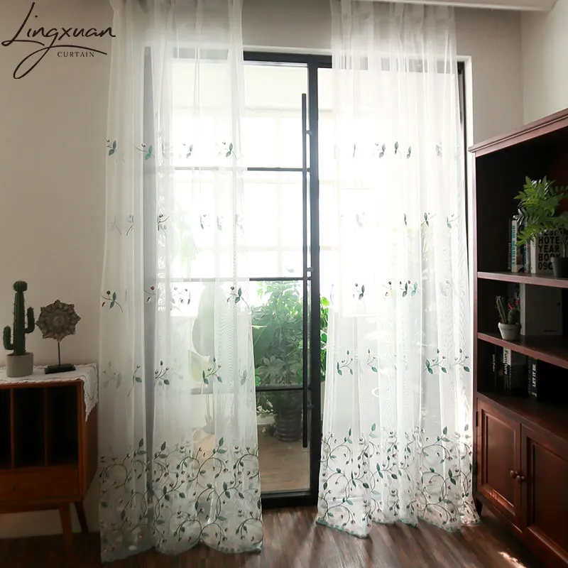 Pastoral Embroidery Tulle Window Curtains For Living Room Floral Sheer Voile Curtain For Bedroom Kitchen Drapes Blinds Customs