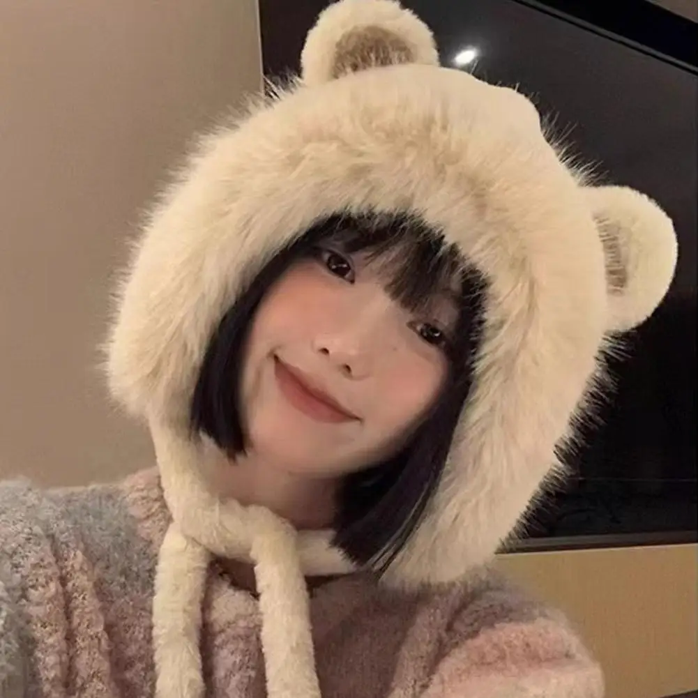 

Women Cute Bear Ear Kawaii Plush Hat Winter Warm Thickened Japanese Bomber Hat Windproof Warm For Autumn Winter
