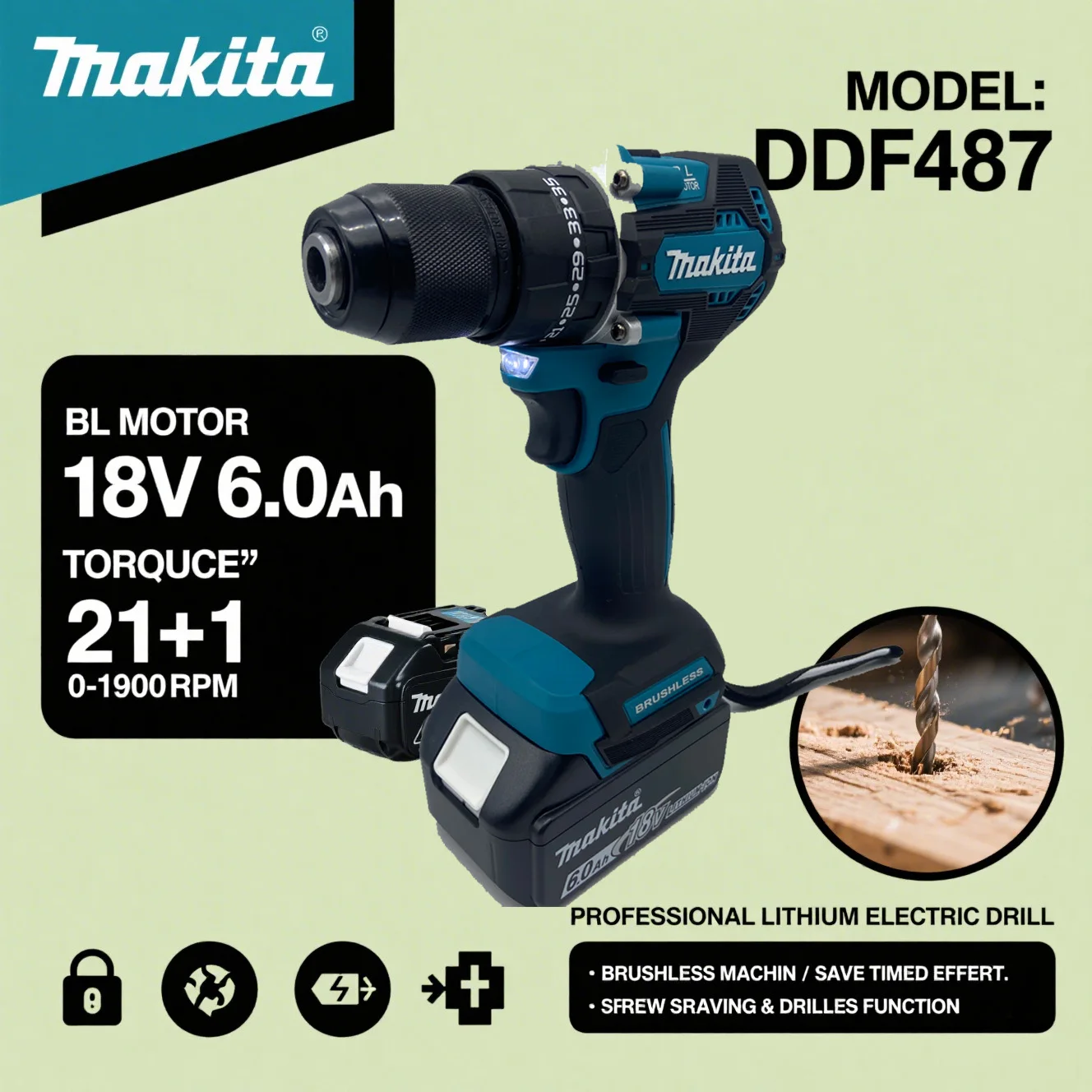 

Makita DDF487 18V Brushless Electric Rechargeable Impact Drill 13mm Large Torque Screwdriver with Makita 18V Battery