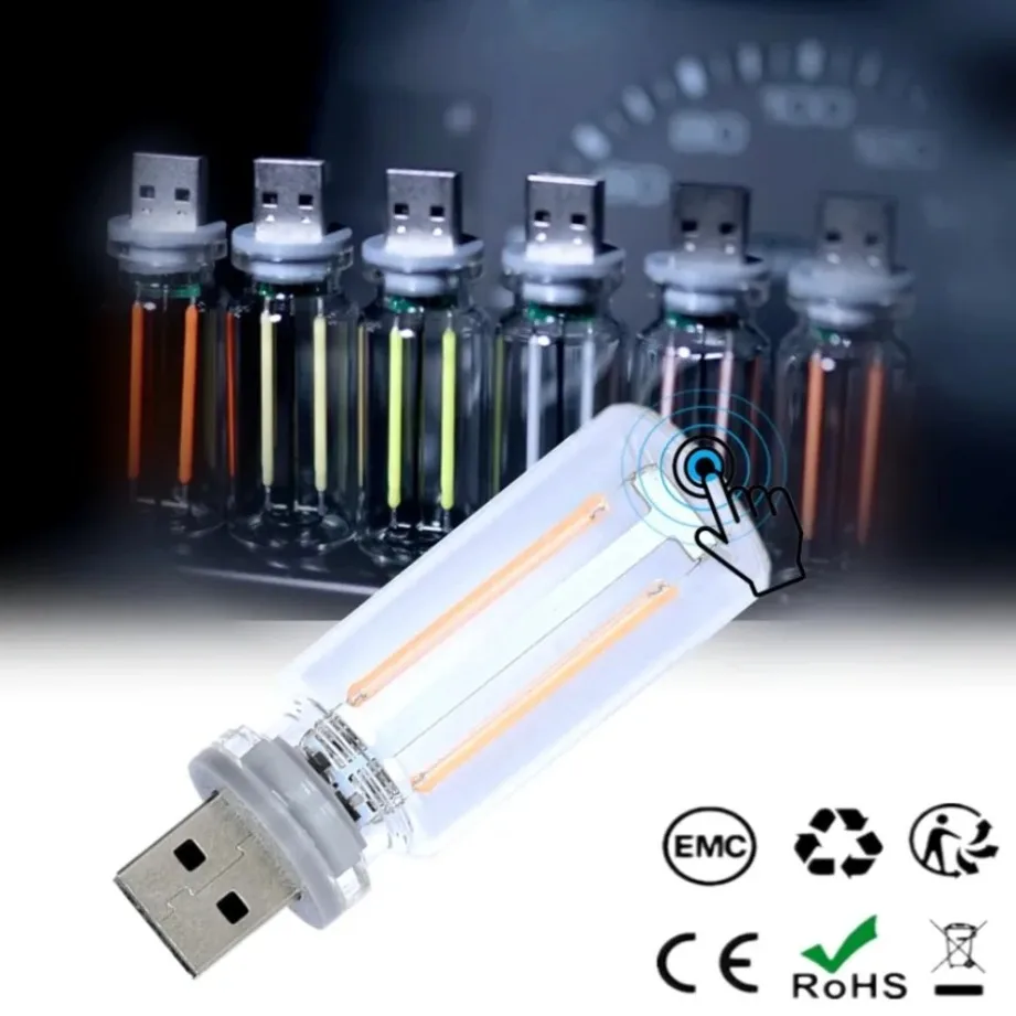 Touch Dimming Glass Bulb Colorful LED Filament USB Night Light Retro Edison Bulb 5V USB Car Decoration Eye Protection Lighting