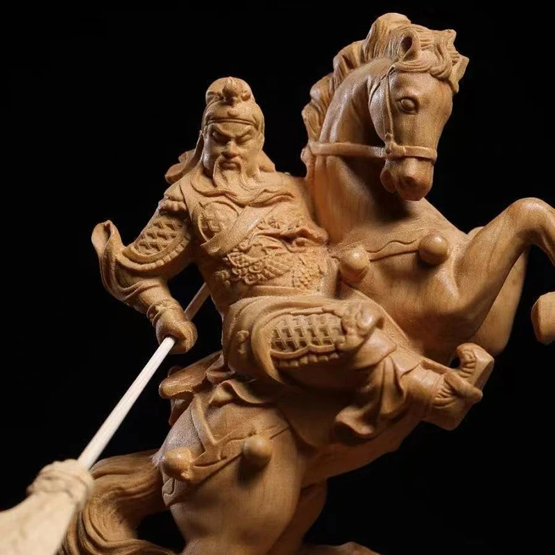 Wood carving Riding a horse Guan Gong God of Wealth Statue Chinese mythological figure  Home room, office decoration accessories