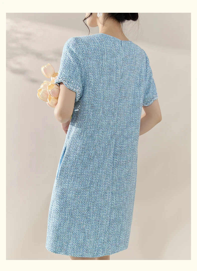 Vestido de verano de alta sociedad con temperamento de moda francesa, vestido de fiesta recto de manga corta con cuentas de industria pesada y cuello redondo para mujer